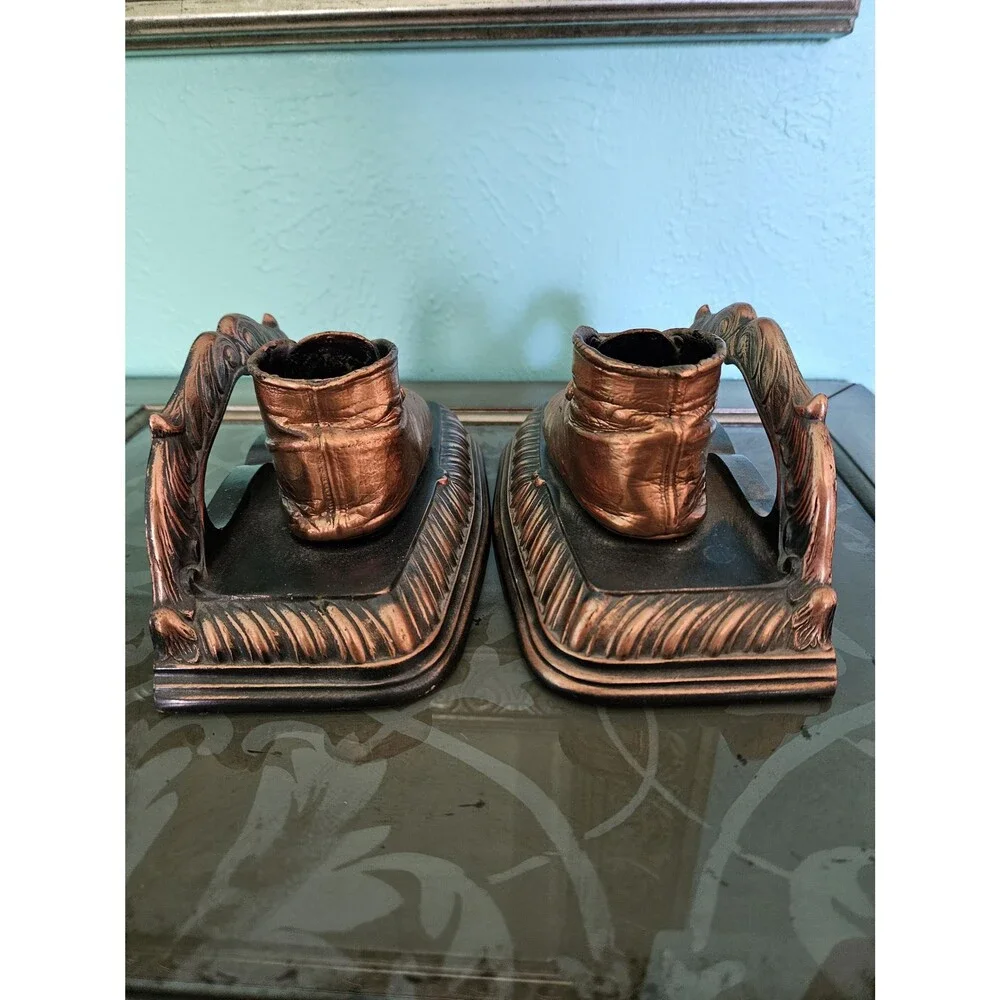 Vintage Copper Color Cast Iron Book Ends Bronze Tone Pair Of Baby Shoes Bookends